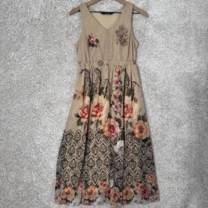 eshakti Beige Floral Midi Dress with Pink and Peach Roses